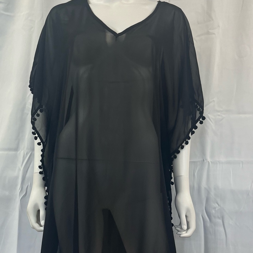 West Loop Black Swim Cover-Up with V-Neck and Decorative Trim
